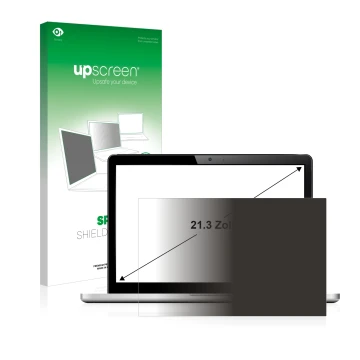 Parte frontal de un envase de producto con el logotipo de la marca upscreen. Al lado se muestra el dispositivo con su protecto