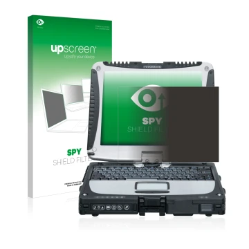 Parte frontal de un envase de producto con el logotipo de la marca upscreen. Al lado se muestra el dispositivo Panasonic Tough