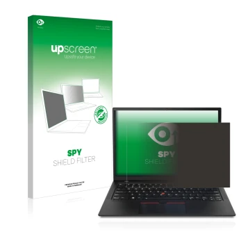 Parte frontal de un envase de producto con el logotipo de la marca upscreen. Al lado se muestra el dispositivo Lenovo ThinkPad