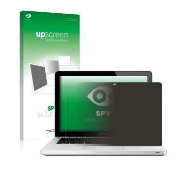 Parte frontal de un envase de producto con el logotipo de la marca upscreen. Al lado se muestra el dispositivo Apple MacBook P