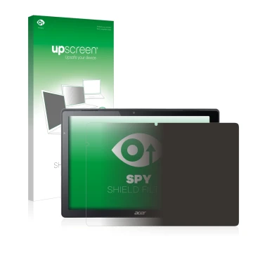 Parte frontal de un envase de producto con el logotipo de la marca upscreen. Al lado se muestra el dispositivo Acer Switch Alp