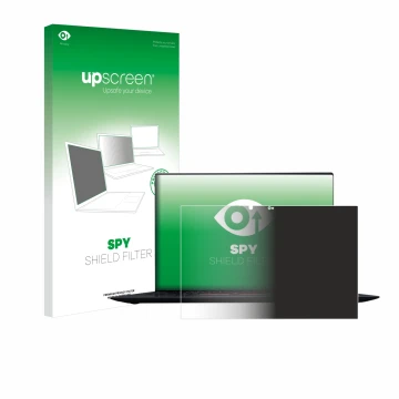 Parte frontal de un envase de producto con el logotipo de la marca upscreen. Al lado se muestra el dispositivo Lenovo ThinkPad