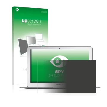 Parte frontal de un envase de producto con el logotipo de la marca upscreen. Al lado se muestra el dispositivo Apple MacBook A