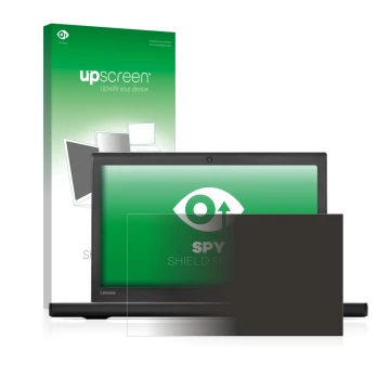 Parte frontal de un envase de producto con el logotipo de la marca upscreen. Al lado se muestra el dispositivo Lenovo ThinkPad