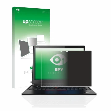 Parte frontal de un envase de producto con el logotipo de la marca upscreen. Al lado se muestra el dispositivo Lenovo ThinkPad