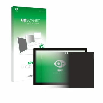 Parte frontal de un envase de producto con el logotipo de la marca upscreen. Al lado se muestra el dispositivo Microsoft Surfa