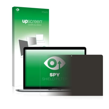 Parte frontal de un envase de producto con el logotipo de la marca upscreen. Al lado se muestra el dispositivo Apple MacBook P