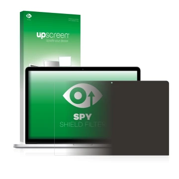 Parte frontal de un envase de producto con el logotipo de la marca upscreen. Al lado se muestra el dispositivo Apple MacBook P