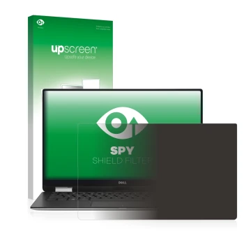 Parte frontal de un envase de producto con el logotipo de la marca upscreen. Al lado se muestra el dispositivo Dell XPS 13 936