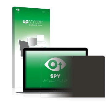 Parte frontal de un envase de producto con el logotipo de la marca upscreen. Al lado se muestra el dispositivo Apple MacBook R