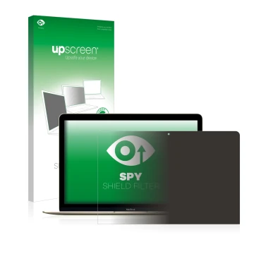 Parte frontal de un envase de producto con el logotipo de la marca upscreen. Al lado se muestra el dispositivo Apple MacBook R