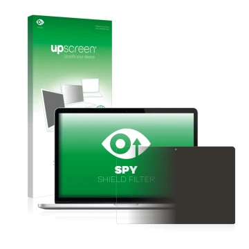 Parte frontal de un envase de producto con el logotipo de la marca upscreen. Al lado se muestra el dispositivo Apple MacBook P