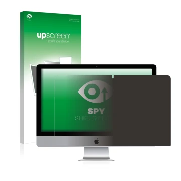 Parte frontal de un envase de producto con el logotipo de la marca upscreen. Al lado se muestra el dispositivo Apple iMac 21.5