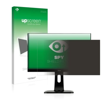 Parte frontal de un envase de producto con el logotipo de la marca upscreen. Al lado se muestra el dispositivo Iiyama XUB2492H