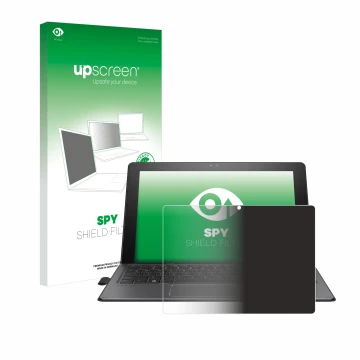 Parte frontal de un envase de producto con el logotipo de la marca upscreen. Al lado se muestra el dispositivo HP Pro x2 612 G