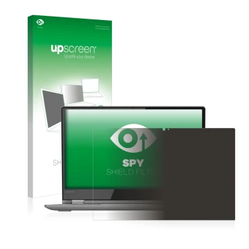 Parte frontal de un envase de producto con el logotipo de la marca upscreen. Al lado se muestra el dispositivo Lenovo Yoga 530