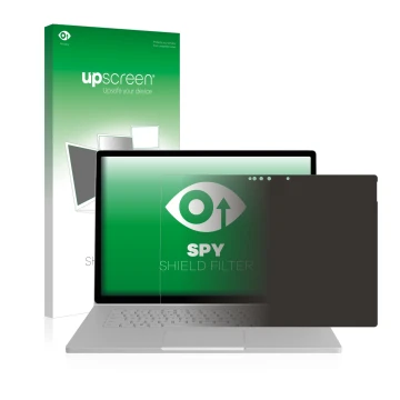 Parte frontal de un envase de producto con el logotipo de la marca upscreen. Al lado se muestra el dispositivo Microsoft Surfa