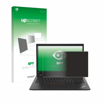 Parte frontal de un envase de producto con el logotipo de la marca upscreen. Al lado se muestra el dispositivo Lenovo ThinkPad