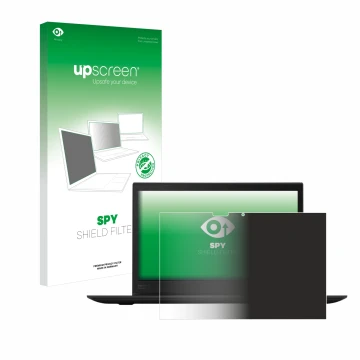 Parte frontal de un envase de producto con el logotipo de la marca upscreen. Al lado se muestra el dispositivo Lenovo ThinkPad