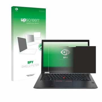 Parte frontal de un envase de producto con el logotipo de la marca upscreen. Al lado se muestra el dispositivo Lenovo ThinkPad