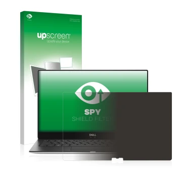 Parte frontal de un envase de producto con el logotipo de la marca upscreen. Al lado se muestra el dispositivo Dell XPS 13 937