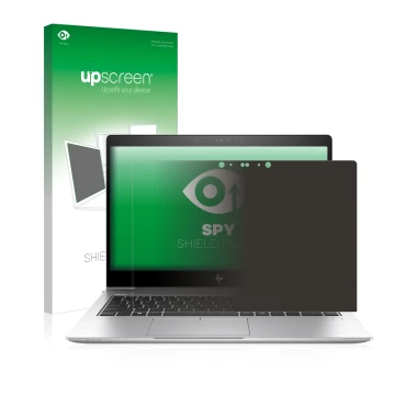 Parte frontal de un envase de producto con el logotipo de la marca upscreen. Al lado se muestra el dispositivo HP EliteBook 84