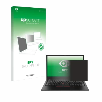 Parte frontal de un envase de producto con el logotipo de la marca upscreen. Al lado se muestra el dispositivo Lenovo ThinkPad