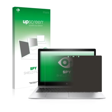 Parte frontal de un envase de producto con el logotipo de la marca upscreen. Al lado se muestra el dispositivo HP EliteBook 85