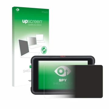 Parte frontal de un envase de producto con el logotipo de la marca upscreen. Al lado se muestra el dispositivo Atomos Ninja V 