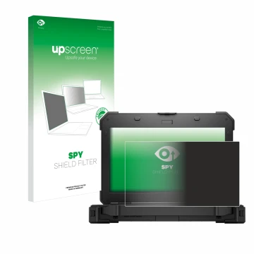 Parte frontal de un envase de producto con el logotipo de la marca upscreen. Al lado se muestra el dispositivo Dell Latitude 5