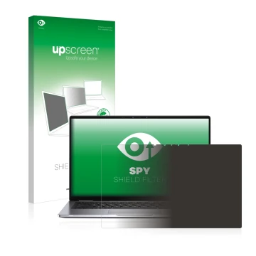 Parte frontal de un envase de producto con el logotipo de la marca upscreen. Al lado se muestra el dispositivo Dell Latitude 7