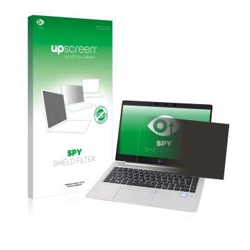 Parte frontal de un envase de producto con el logotipo de la marca upscreen. Al lado se muestra el dispositivo HP EliteBook 83