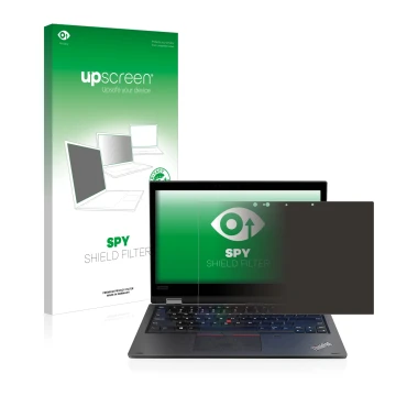 Parte frontal de un envase de producto con el logotipo de la marca upscreen. Al lado se muestra el dispositivo Lenovo ThinkPad