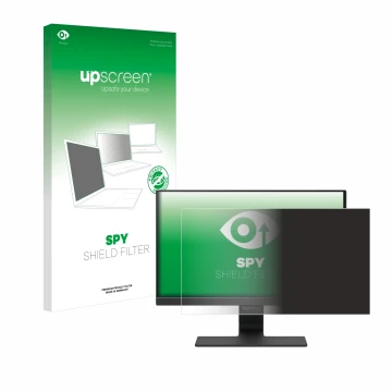 Parte frontal de un envase de producto con el logotipo de la marca upscreen. Al lado se muestra el dispositivo BenQ BL2480T co