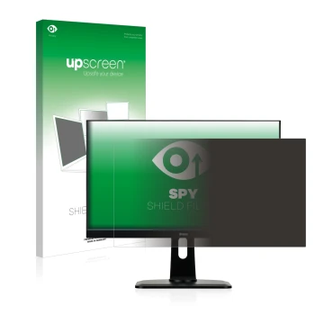 Parte frontal de un envase de producto con el logotipo de la marca upscreen. Al lado se muestra el dispositivo Iiyama ProLite 