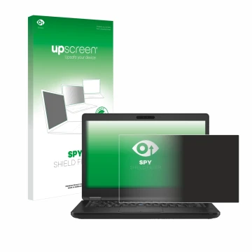 Parte frontal de un envase de producto con el logotipo de la marca upscreen. Al lado se muestra el dispositivo Dell Latitude 5