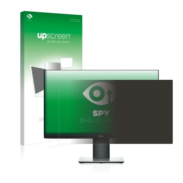Parte frontal de un envase de producto con el logotipo de la marca upscreen. Al lado se muestra el dispositivo Dell P2319H con