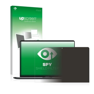 Parte frontal de un envase de producto con el logotipo de la marca upscreen. Al lado se muestra el dispositivo Apple MacBook P