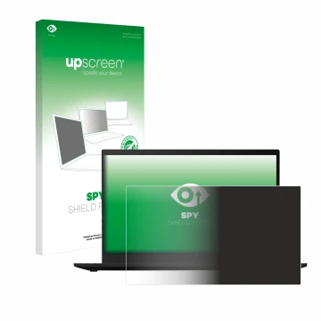 Parte frontal de un envase de producto con el logotipo de la marca upscreen. Al lado se muestra el dispositivo Lenovo ThinkPad