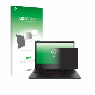 Parte frontal de un envase de producto con el logotipo de la marca upscreen. Al lado se muestra el dispositivo Lenovo ThinkPad