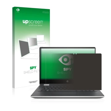 Parte frontal de un envase de producto con el logotipo de la marca upscreen. Al lado se muestra el dispositivo HP Pavilion x36