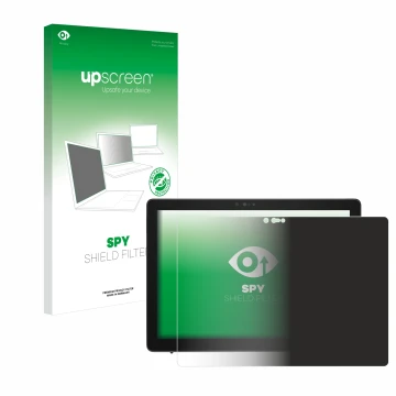 Parte frontal de un envase de producto con el logotipo de la marca upscreen. Al lado se muestra el dispositivo Dell Latitude 7