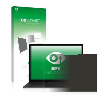 Parte frontal de un envase de producto con el logotipo de la marca upscreen. Al lado se muestra el dispositivo Microsoft Surfa