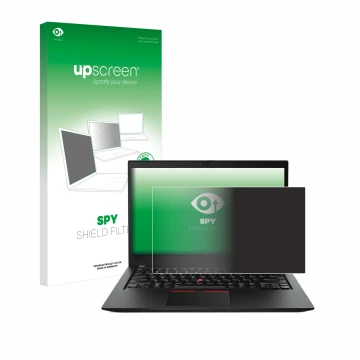 Parte frontal de un envase de producto con el logotipo de la marca upscreen. Al lado se muestra el dispositivo Lenovo ThinkPad