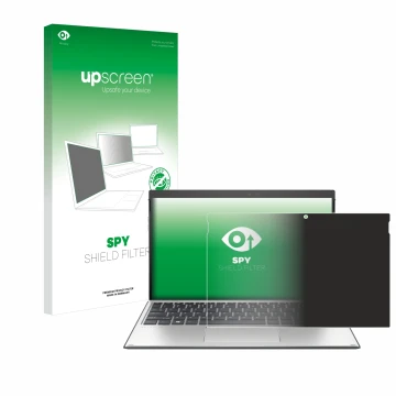 Parte frontal de un envase de producto con el logotipo de la marca upscreen. Al lado se muestra el dispositivo HP Elite x2 G4 