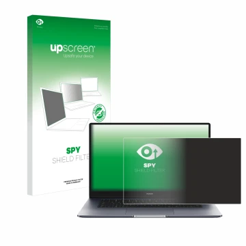 Parte frontal de un envase de producto con el logotipo de la marca upscreen. Al lado se muestra el dispositivo Honor MagicBook