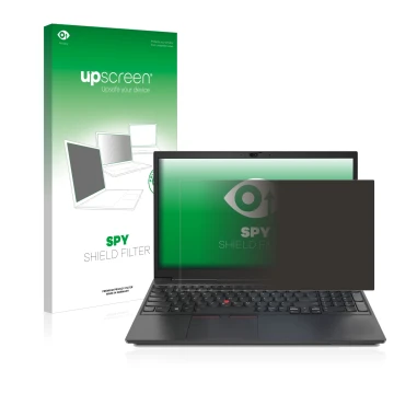 Parte frontal de un envase de producto con el logotipo de la marca upscreen. Al lado se muestra el dispositivo Lenovo ThinkPad