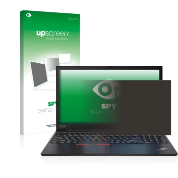 Parte frontal de un envase de producto con el logotipo de la marca upscreen. Al lado se muestra el dispositivo Lenovo ThinkPad