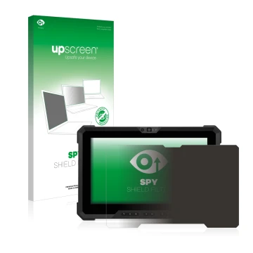 Parte frontal de un envase de producto con el logotipo de la marca upscreen. Al lado se muestra el dispositivo Dell Latitude 7