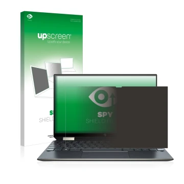 Parte frontal de un envase de producto con el logotipo de la marca upscreen. Al lado se muestra el dispositivo HP Spectre x360